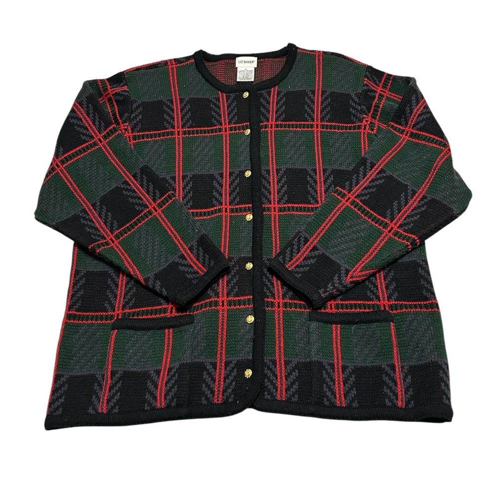 Vintage 90s Women’s 1X Liz Baker Plaid Wool Cardigan Sweater
